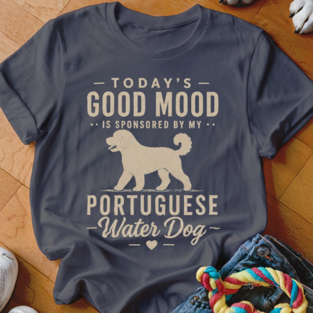 Portuguese Water Dog graphic on a navy blue t-shirt reading "Today's Good Mood is Sponsored by my Portuguese Water Dog."
