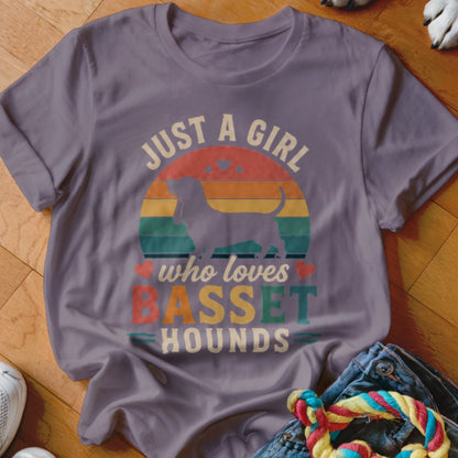Purple t-shirt with "Just a girl who loves Basset Hounds" text and silhouette.
