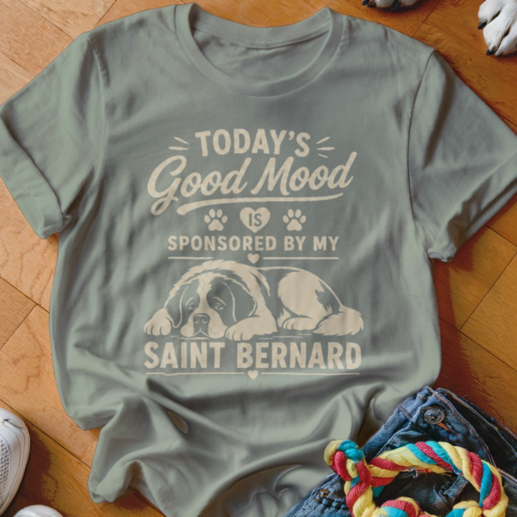 Light grey t-shirt with "Today's Good Mood is Sponsored by my Saint Bernard" text and graphic.