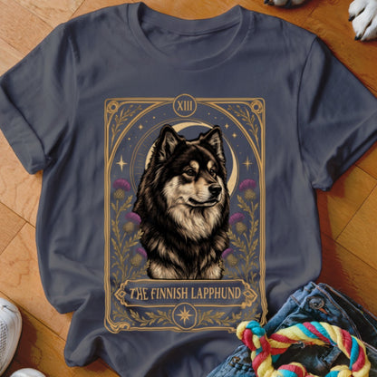 Dark gray t-shirt featuring a tarot card graphic of a Finnish Lapphund surrounded by thistles and a crescent moon.