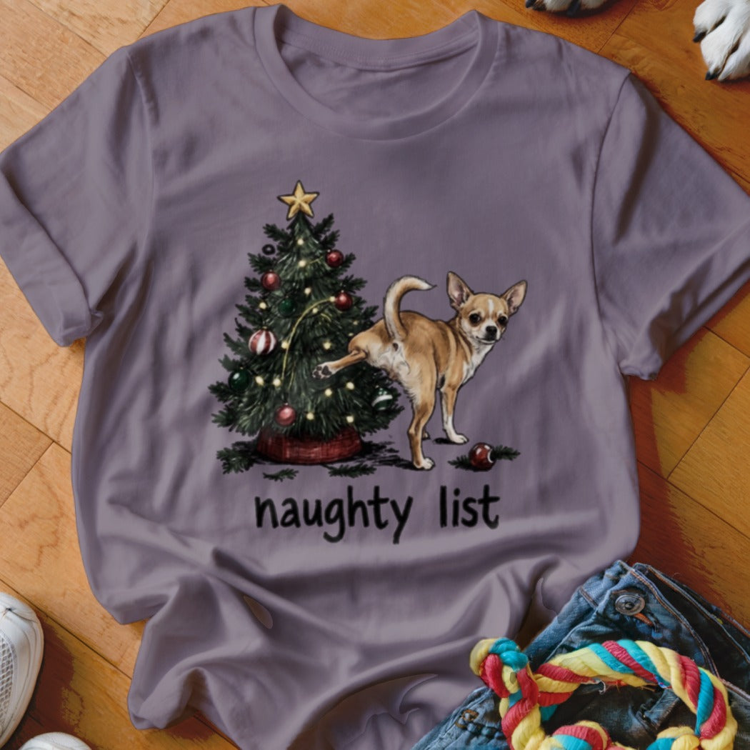 Chihuahua near Christmas tree with text "naughty list".