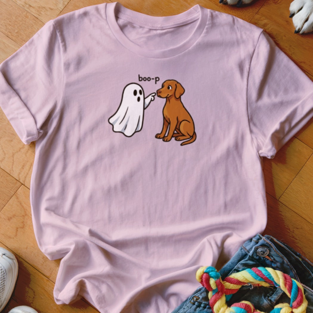 Pink t-shirt with illustration of ghost poking a dog saying "boo-p".