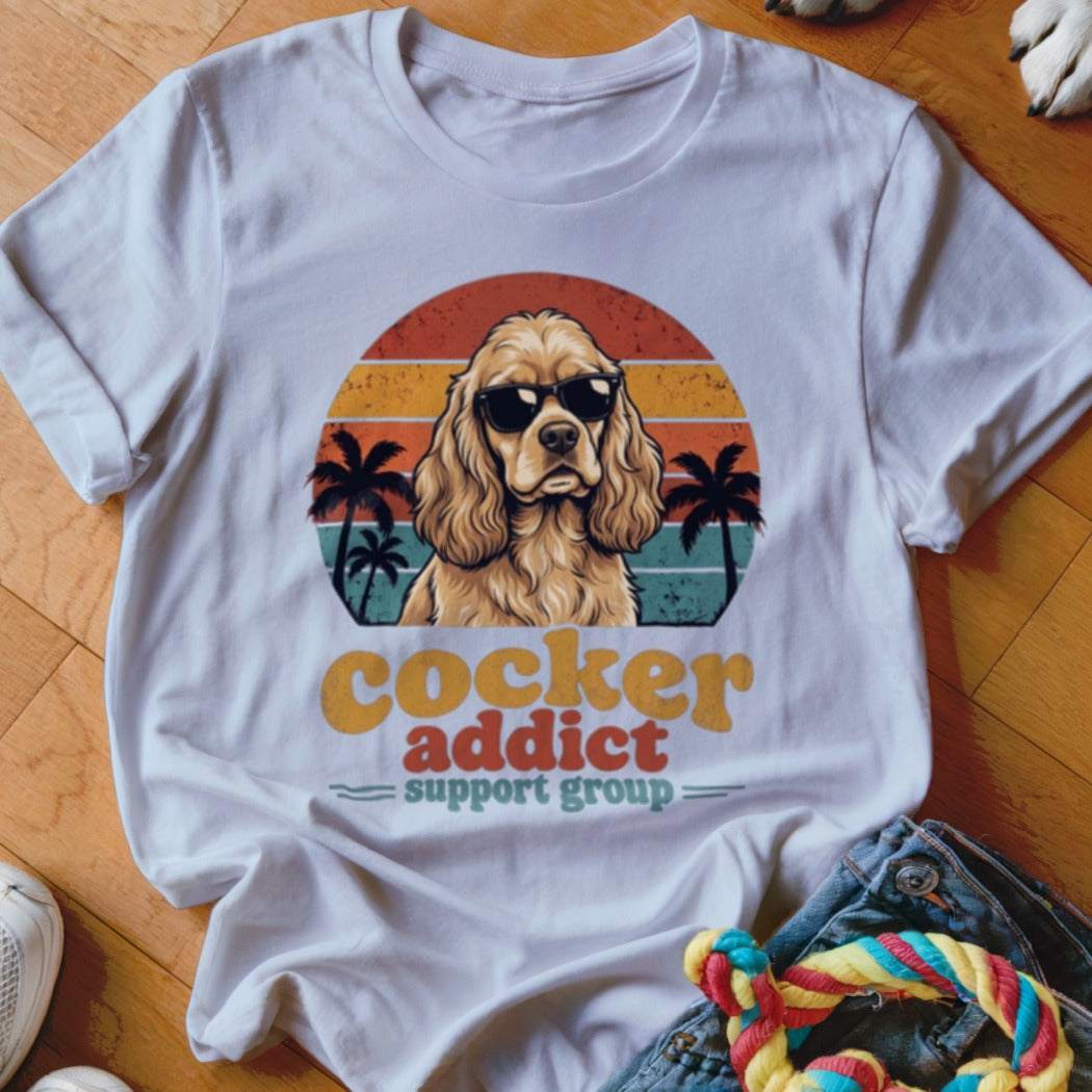 White t-shirt with a vintage graphic of a Cocker Spaniel wearing sunglasses, palm trees, and sunset stripes.