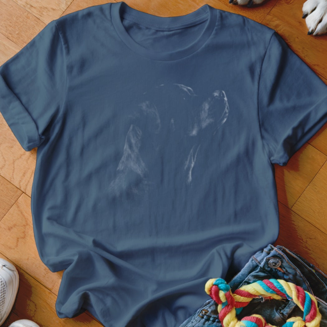 Navy blue t-shirt with a faint white outline graphic of a dog's head.