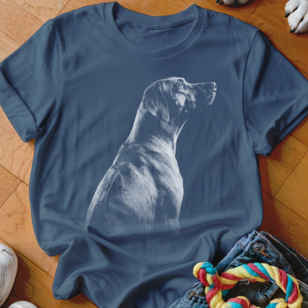 Navy t-shirt with a white outline graphic of a dog looking to the right.