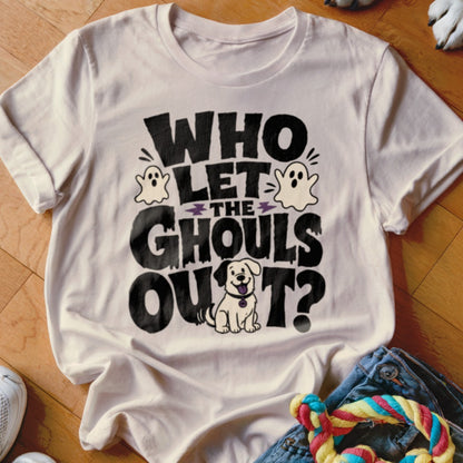 T-shirt with "Who Let The Ghouls Out?" text, ghosts, and a dog illustration.