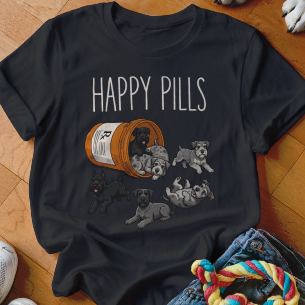 Black t-shirt with "Happy Pills" text and scattered schnauzer puppies spilling from a bottle.