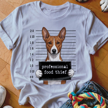 Basenji dog mugshot graphic reading "professional food thief."