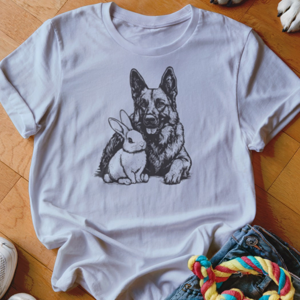 White t-shirt featuring a sketch of a German Shepherd dog and a rabbit.