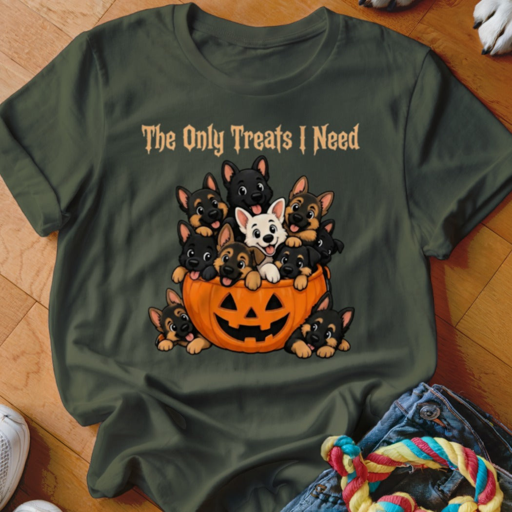 German Shepherd puppies in a pumpkin with "The Only Treats I Need" text.