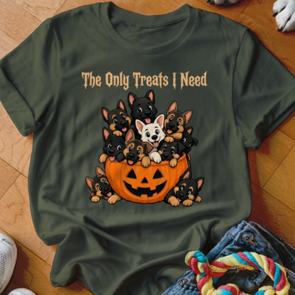 German Shepherd puppies in a pumpkin with "The Only Treats I Need" text.