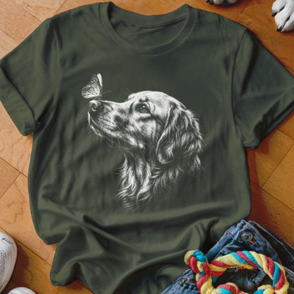 Dark green crewneck t-shirt featuring a white sketch of a golden retriever looking at a butterfly on its nose.