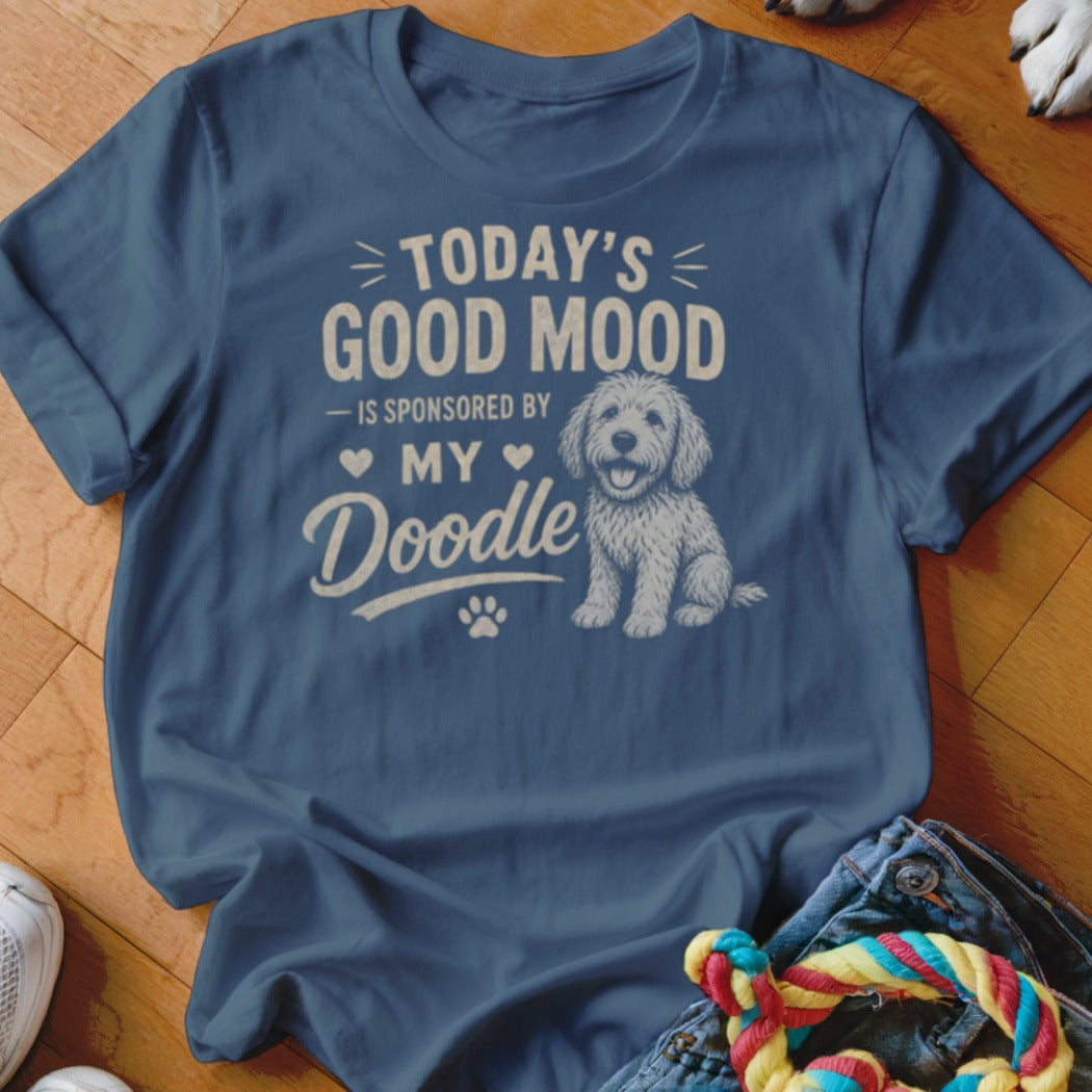 Blue t-shirt with "Today's Good Mood Is Sponsored By My Doodle" and a doodle dog graphic.