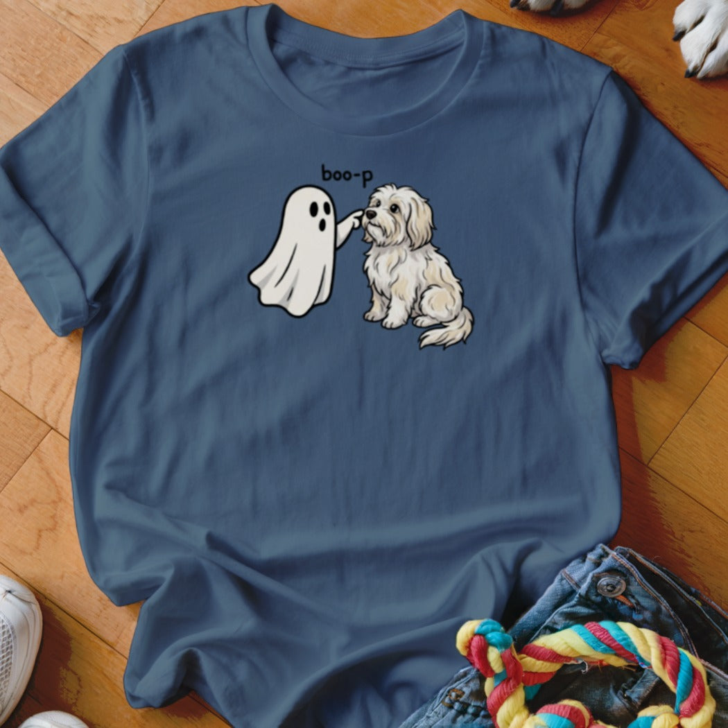 Ghost booing a fluffy white dog with "boo-p" text above.