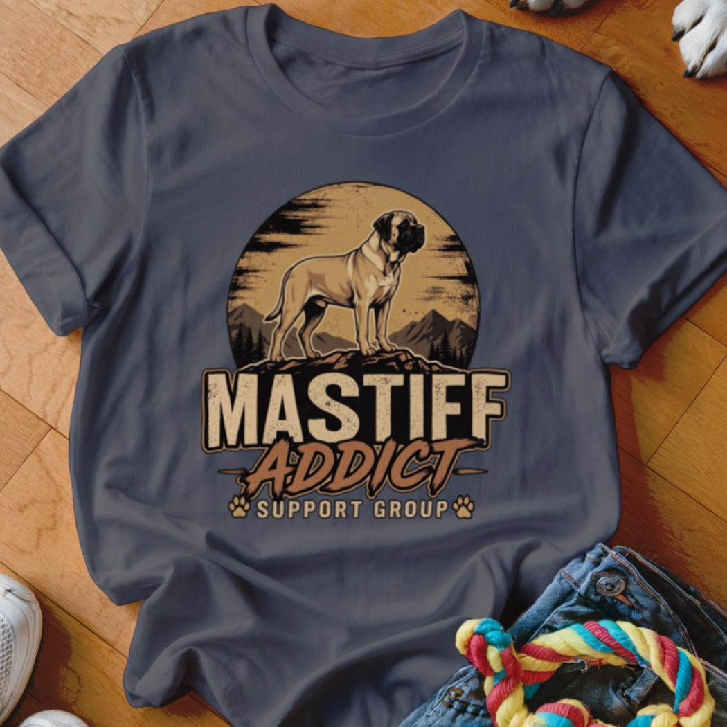 Dark grey t-shirt featuring a Mastiff dog graphic and the text Mastiff Addict Support Group.