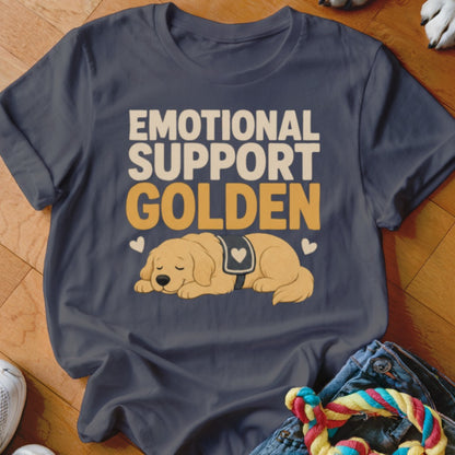 Dark grey t-shirt featuring the text "EMOTIONAL SUPPORT GOLDEN" and an illustration of a sleeping golden retriever.