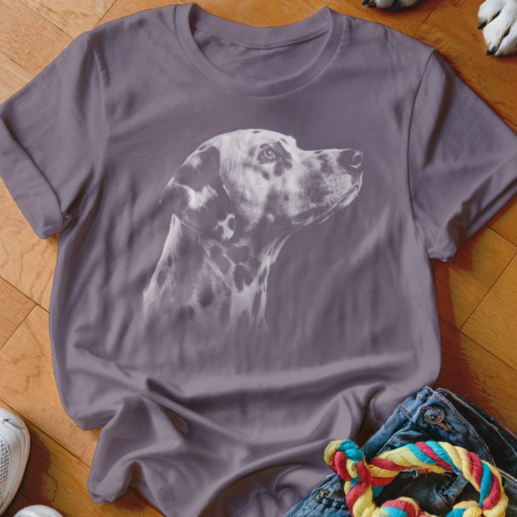 Gray t-shirt with a white Dalmatian dog portrait on the chest.
