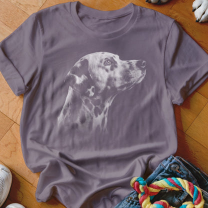 Gray t-shirt with a white Dalmatian dog portrait on the chest.