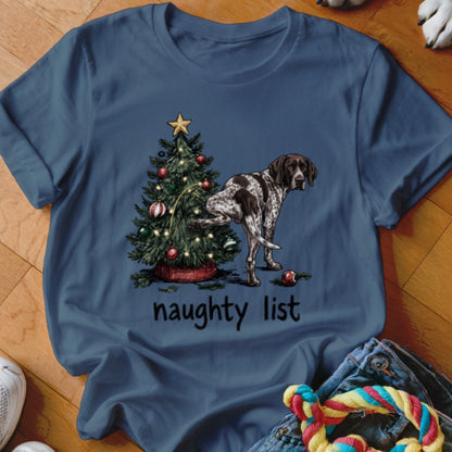 German Shorthaired Pointer peeing on Christmas tree with "naughty list" text.
