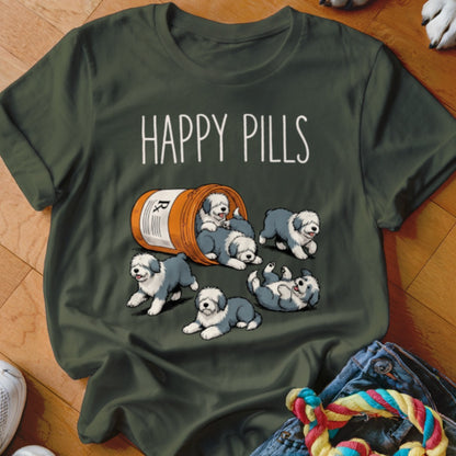 T-shirt with "HAPPY PILLS" text and a bottle of playful sheepdog puppies.