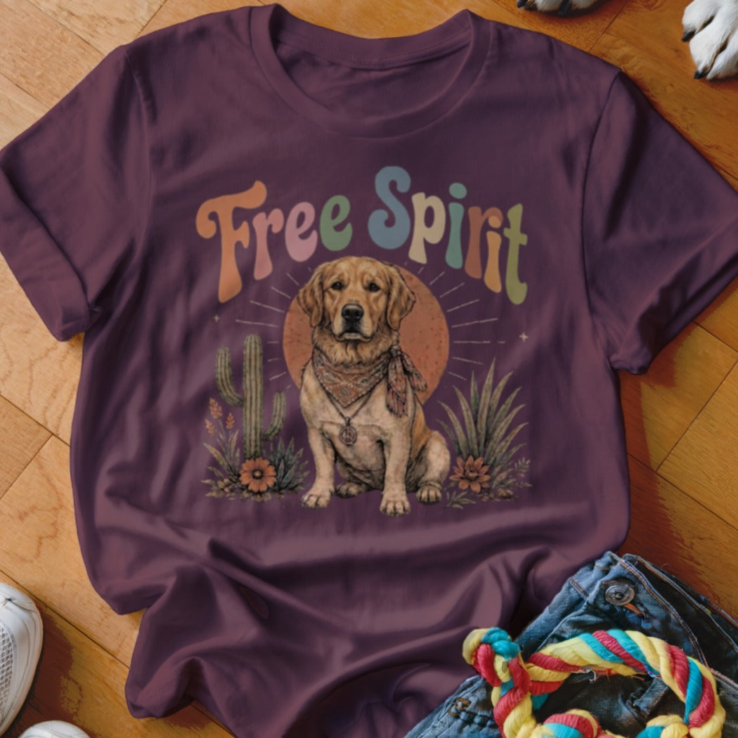 T-shirt with a golden retriever, desert plants, and "Free Spirit" text.