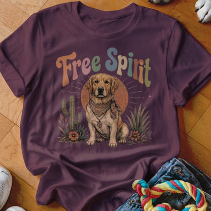 T-shirt with a golden retriever, desert plants, and "Free Spirit" text.