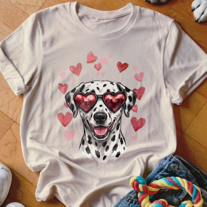 A cream-colored t-shirt featuring a graphic of a smiling Dalmatian wearing heart-shaped sunglasses surrounded by pink hearts.