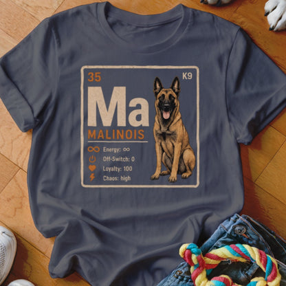 Malinois dog in periodic table style graphic with traits: energy, off-switch, loyalty, chaos.