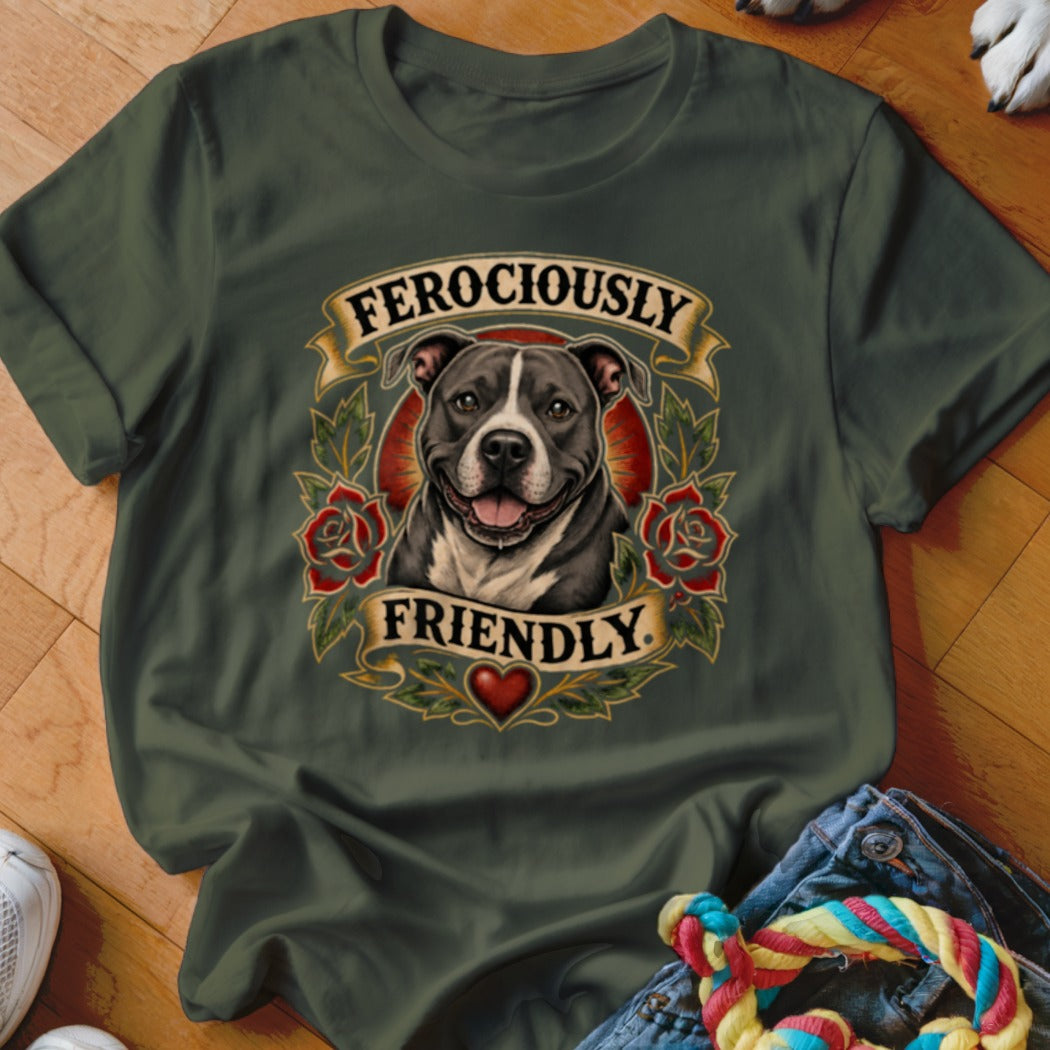 Pit bull portrait with "FEROCIOUSLY FRIENDLY" text and red roses on a green t-shirt.