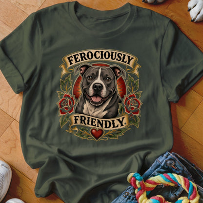 Pit bull portrait with "FEROCIOUSLY FRIENDLY" text and red roses on a green t-shirt.