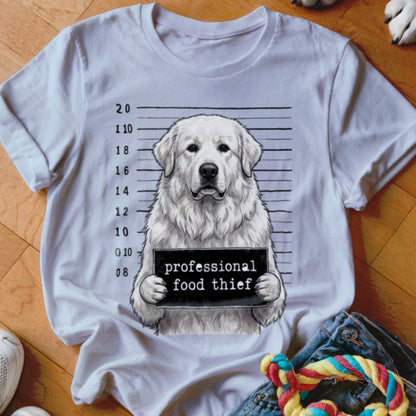 White t-shirt with a Great Pyrenees dog in a mugshot holding a sign saying "professional food thief".