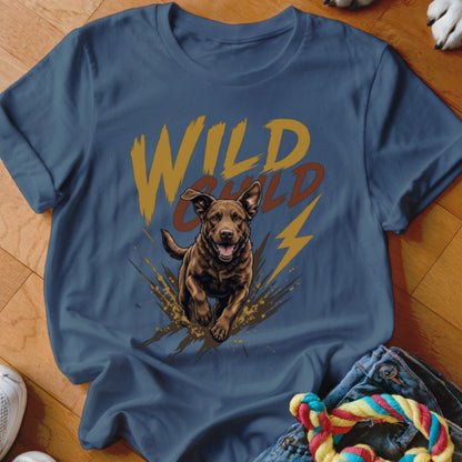 Navy blue crewneck t-shirt featuring a graphic of a running brown dog and the text "WILD CHILD".