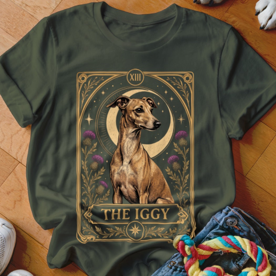Dark green t-shirt featuring a tarot card graphic of an Italian Greyhound with thistles and the text The Iggy.