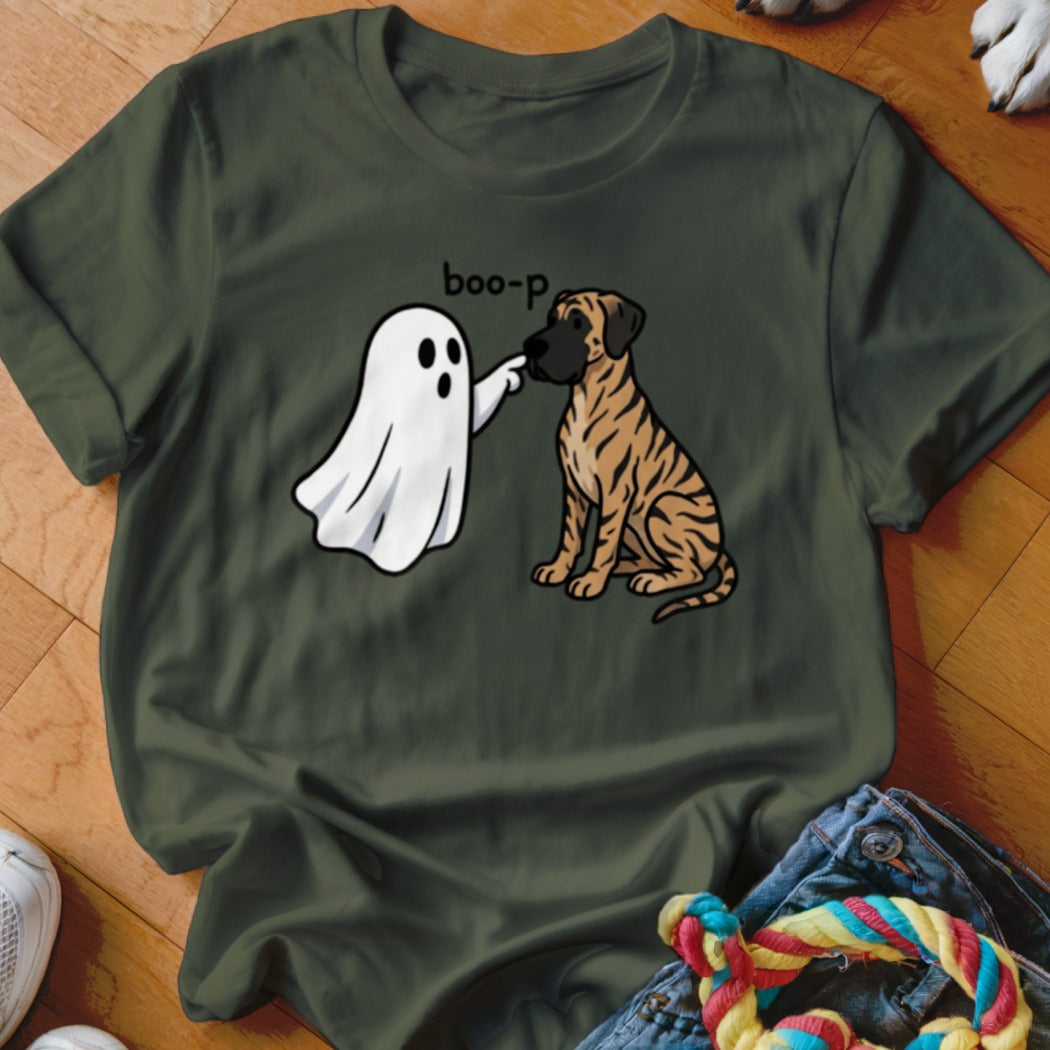 Cartoon ghost booping a tiger-striped dog with the word "boo-p" above.