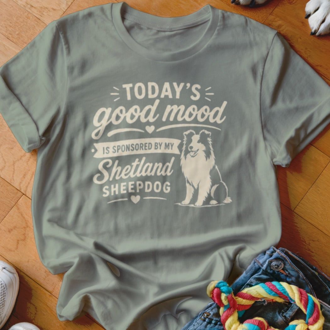 Gray t-shirt with "Today's good mood is sponsored by my Shetland Sheepdog" text and illustration.