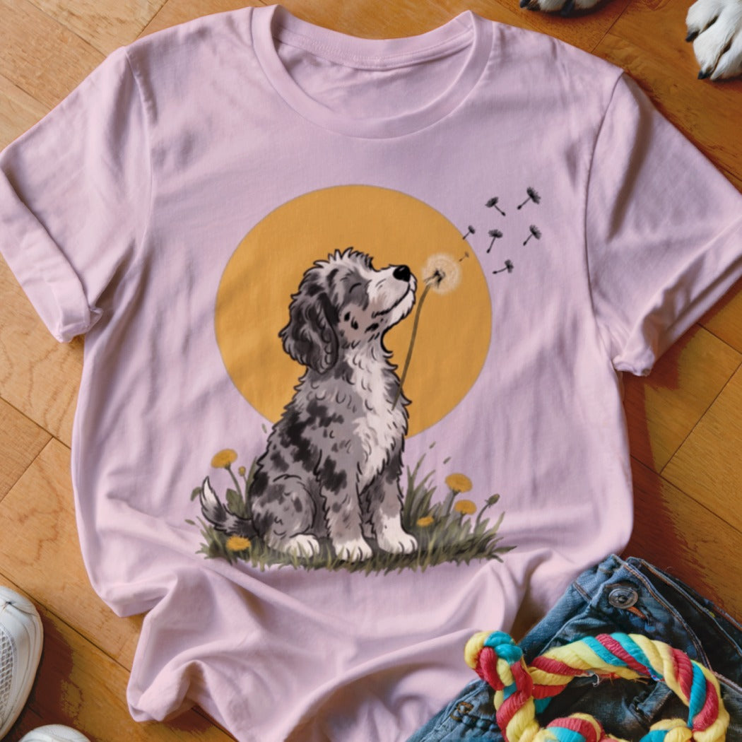 A light pink crewneck t-shirt featuring a graphic of a fluffy merle dog blowing dandelion seeds.