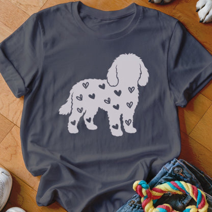 Dark grey t-shirt with a white silhouette of a dog covered in hearts.
