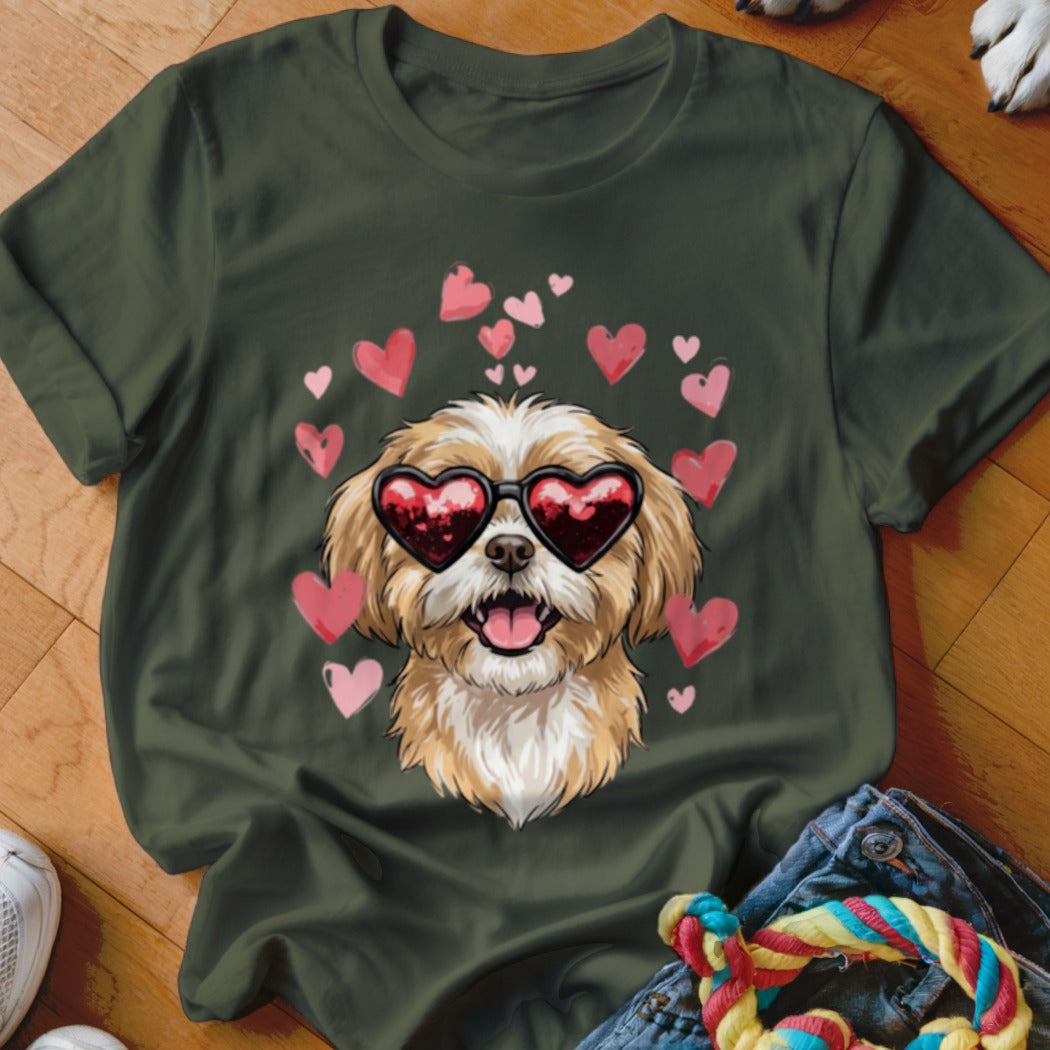 Dark green crewneck t-shirt featuring a cartoon Shih Tzu wearing heart-shaped sunglasses surrounded by pink hearts.