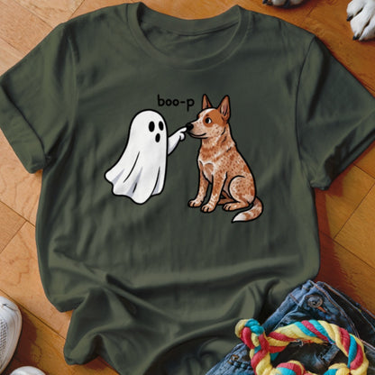 A cartoon ghost playfully boops a red heeler dog's nose, text "boo-p".