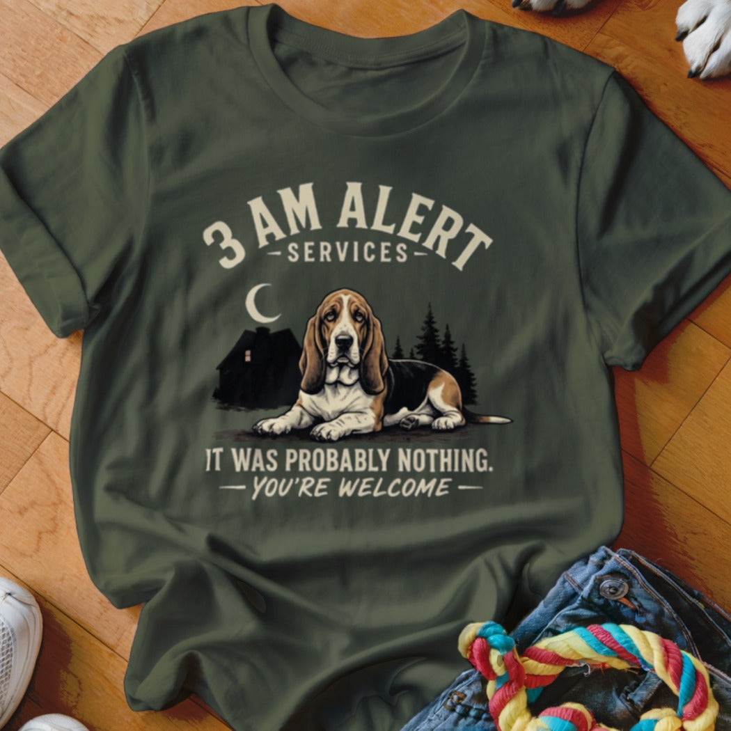 T-shirt graphic with Basset Hound, house, trees, moon, and text "3 AM ALERT SERVICES IT WAS PROBABLY NOTHING. YOU'RE WELCOME."