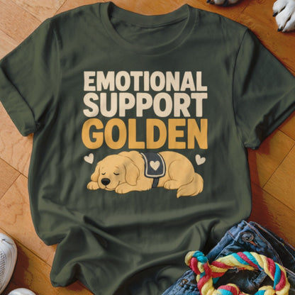 Dark green t-shirt with the text EMOTIONAL SUPPORT GOLDEN and an illustration of a sleeping golden retriever.