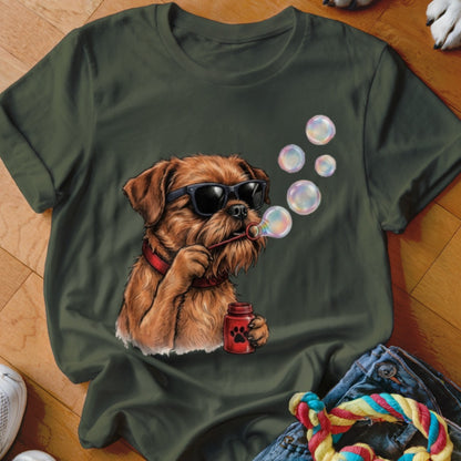 Dark green t-shirt featuring a graphic of a brown dog wearing sunglasses and blowing bubbles.