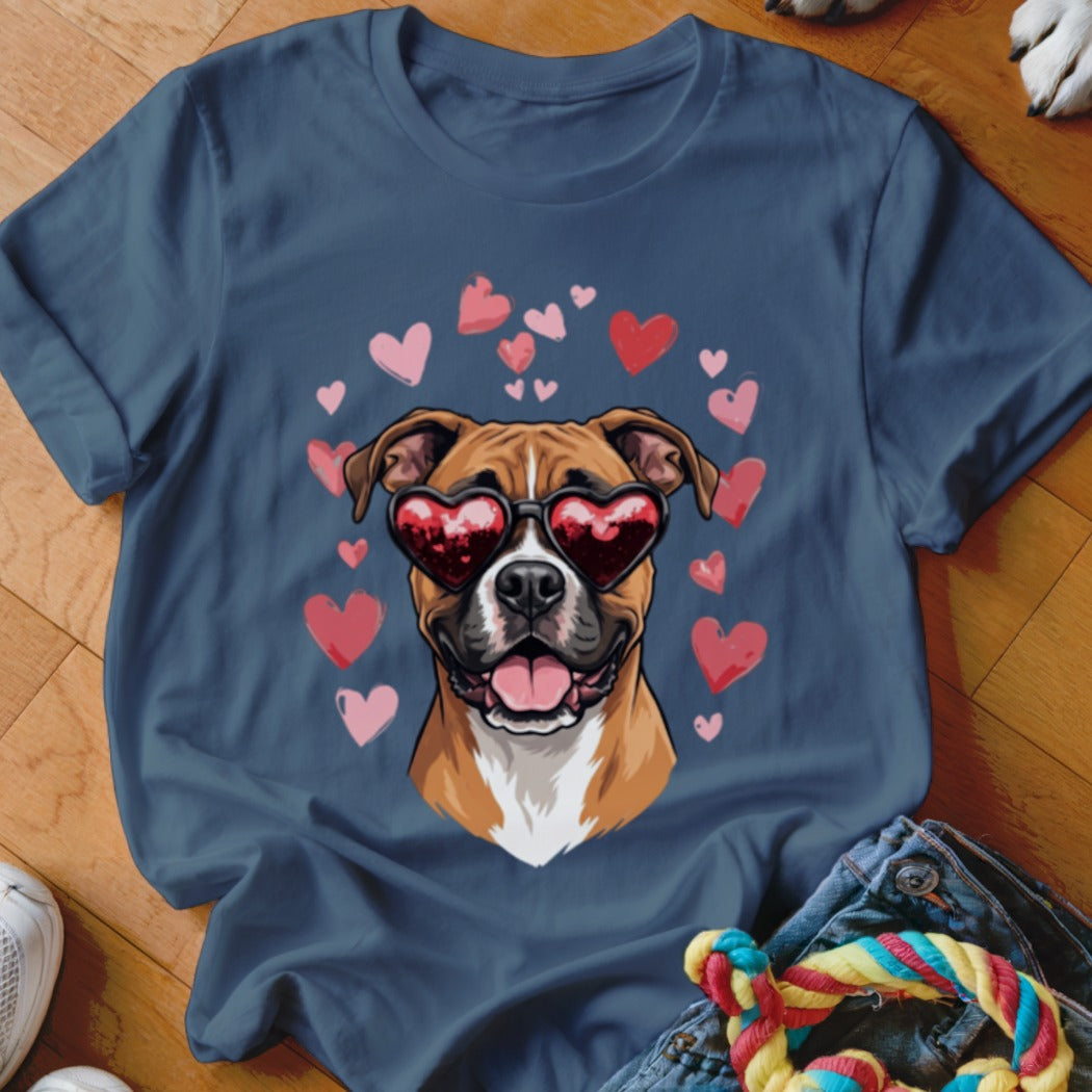 A dark blue t-shirt printed with a graphic of a boxer dog wearing heart-shaped sunglasses surrounded by floating pink hearts.