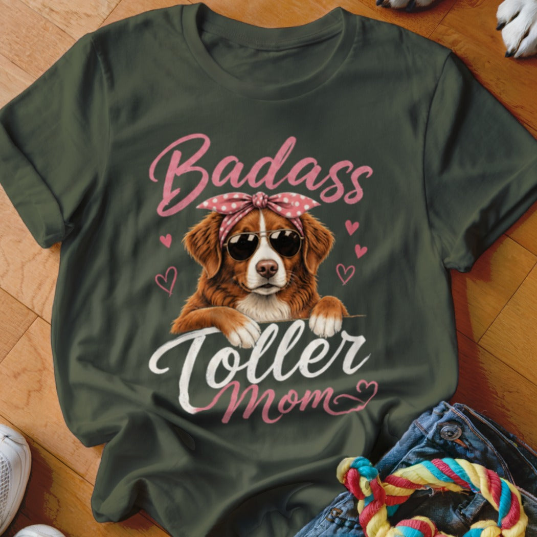 Toller Mom t-shirt with dog wearing sunglasses and bandana, "Badass Toller Mom" text.