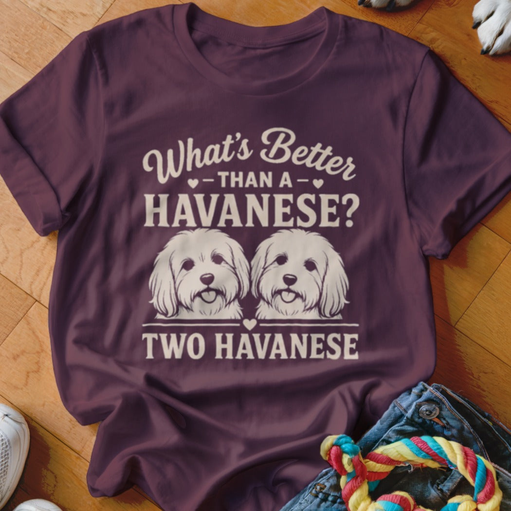 T-shirt with "What's Better Than a Havanese? Two Havanese" and two dog illustrations.
