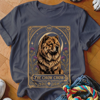 A dark gray t-shirt featuring a tarot-style graphic of a Chow Chow dog with the text THE CHOW CHOW.