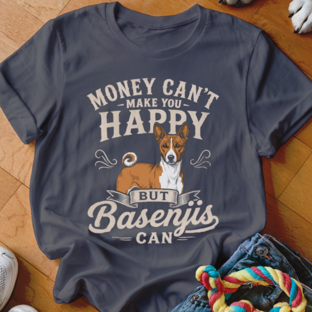 Dark grey t-shirt with a Basenji dog and text that says "Money Can't Make You Happy But Basenjis Can."