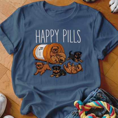 T-shirt with "Happy Pills" and illustration of puppies spilling from a pill bottle.