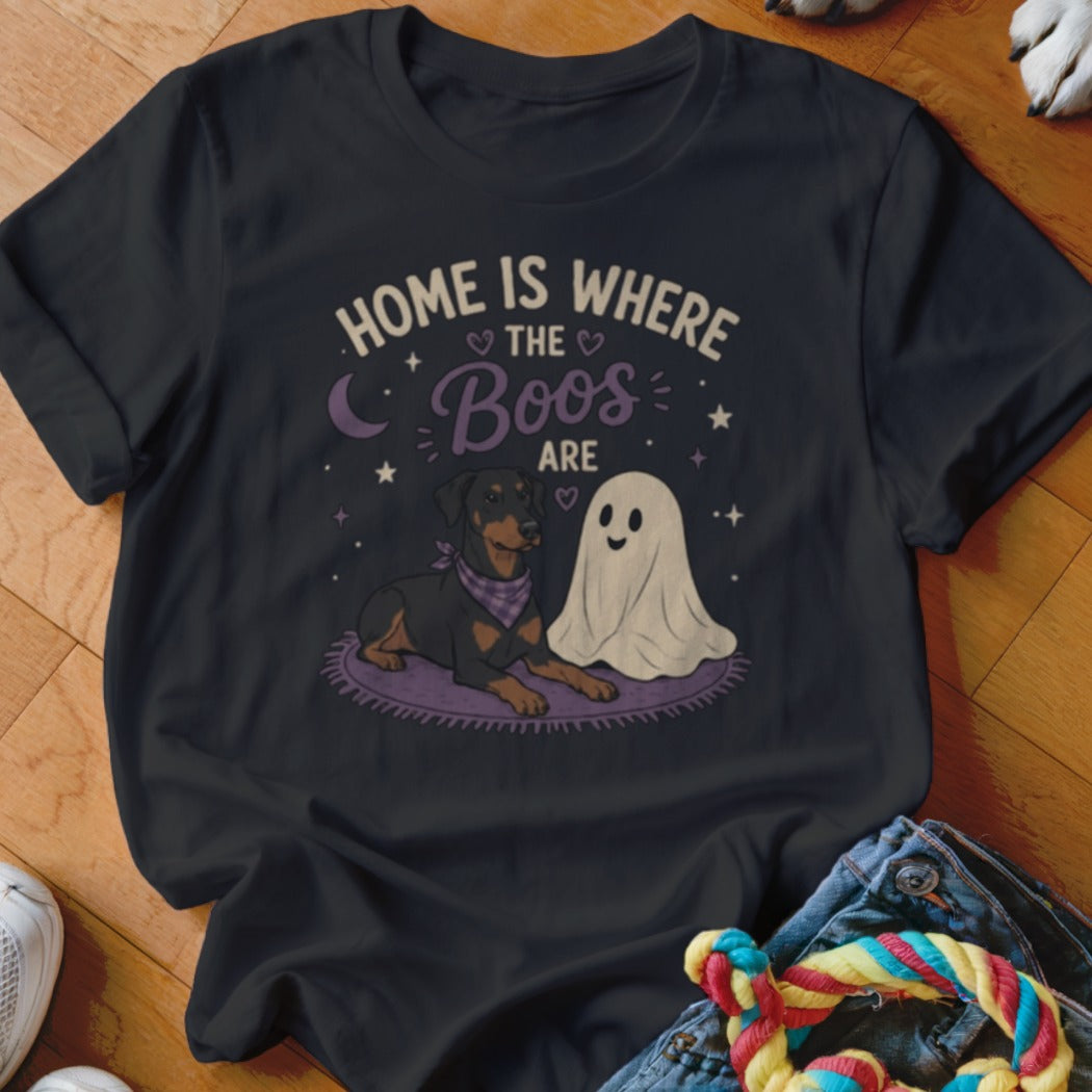 Dark t-shirt with graphic of dog and ghost saying "Home is where the Boos are."