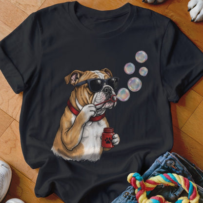 Black t-shirt featuring an illustration of a bulldog wearing sunglasses and blowing soap bubbles.